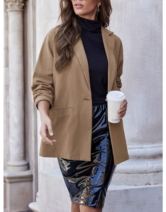 Fall New Women Lapel Long Sleeve Blazer One Button Pockets Loose Casual Coat